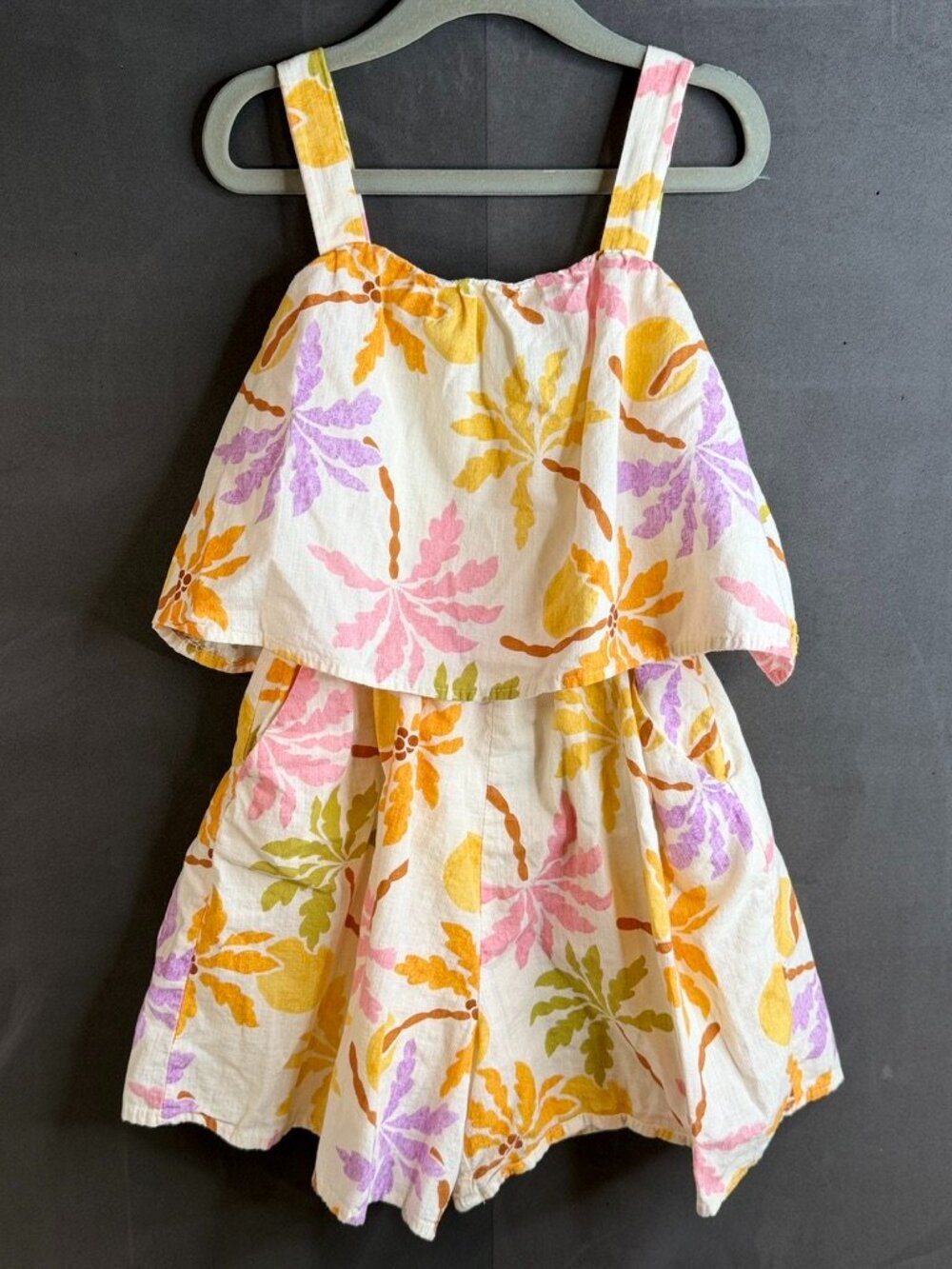 Zara Girls 100% Cotton Lined Romper Tropical Designed With Pockets Size 8-9